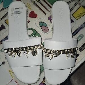 Karl Lagerfeld White Slide Sandals with Gold Charm Chain